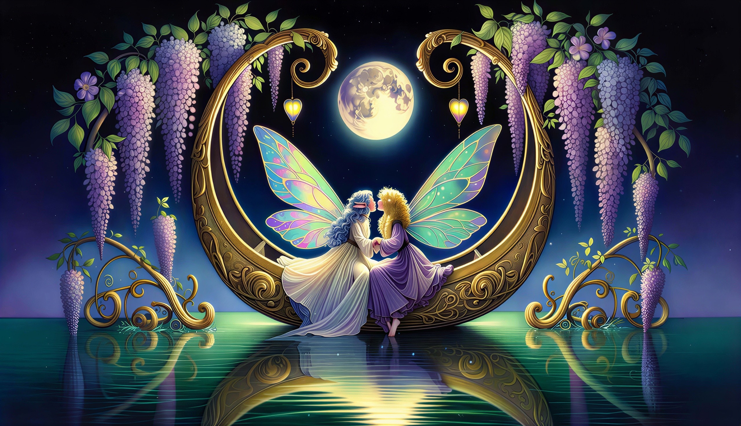 Fairies on Golden Crescent Moon with Wisteria Flowers