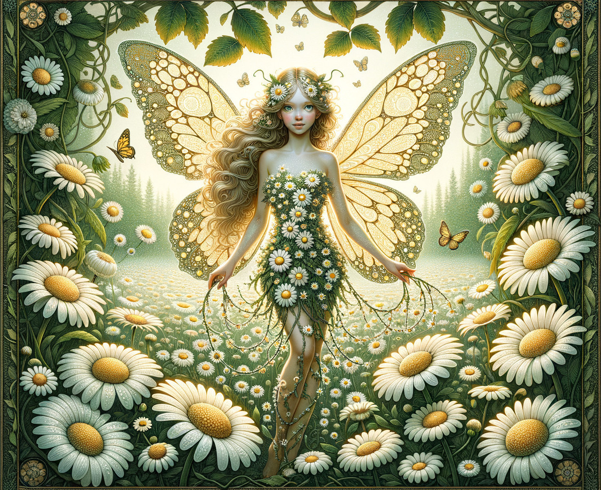 Whimsical Fairy in a Meadow of Daisies and Butterflies