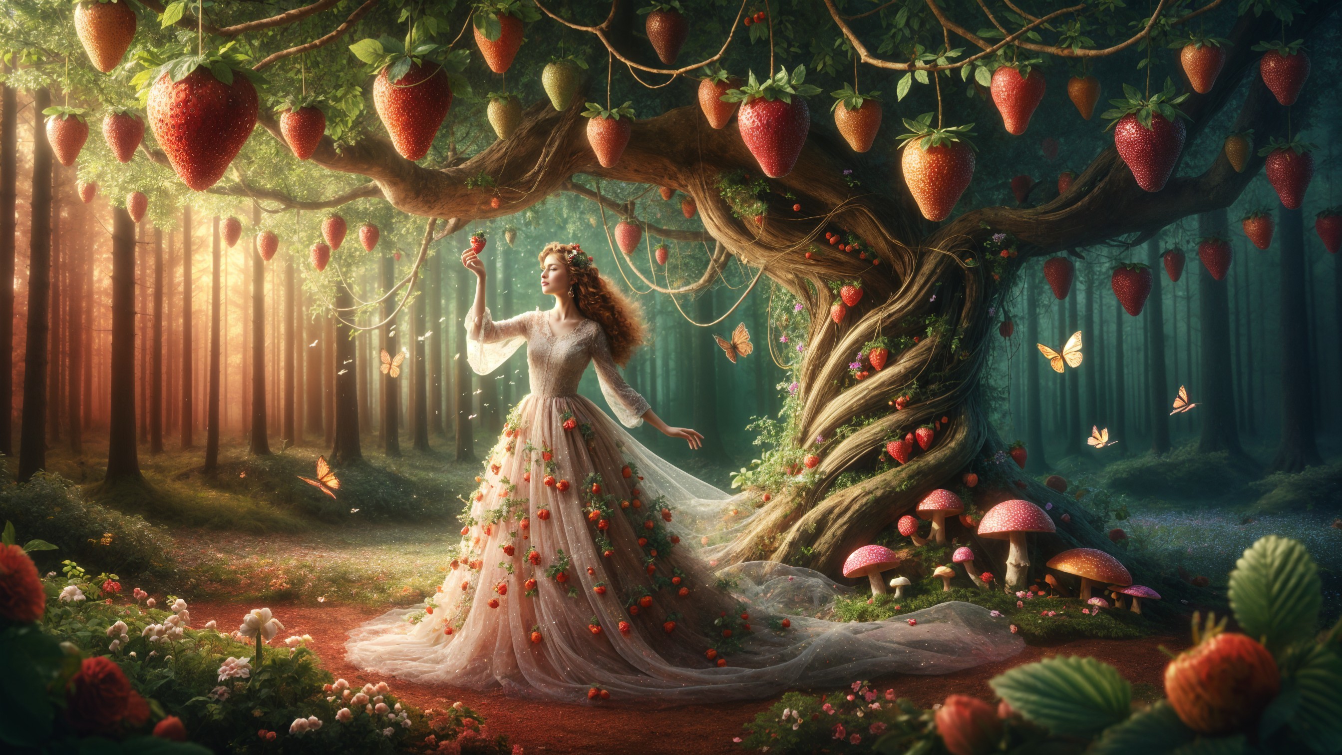 Woman in Gown by Tree with Strawberries and Butterflies