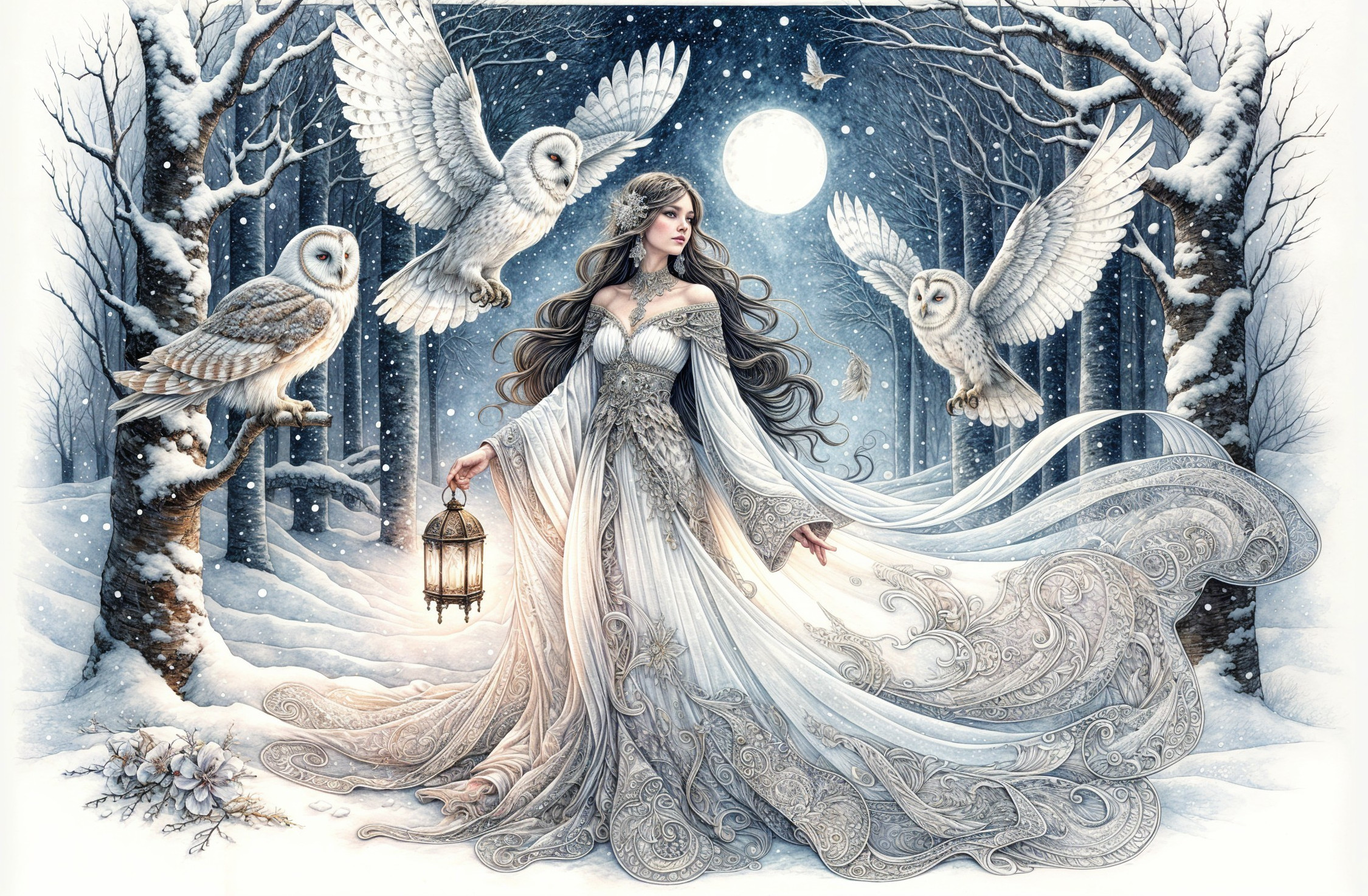 Winter Landscape with Woman in White Gown and Owls