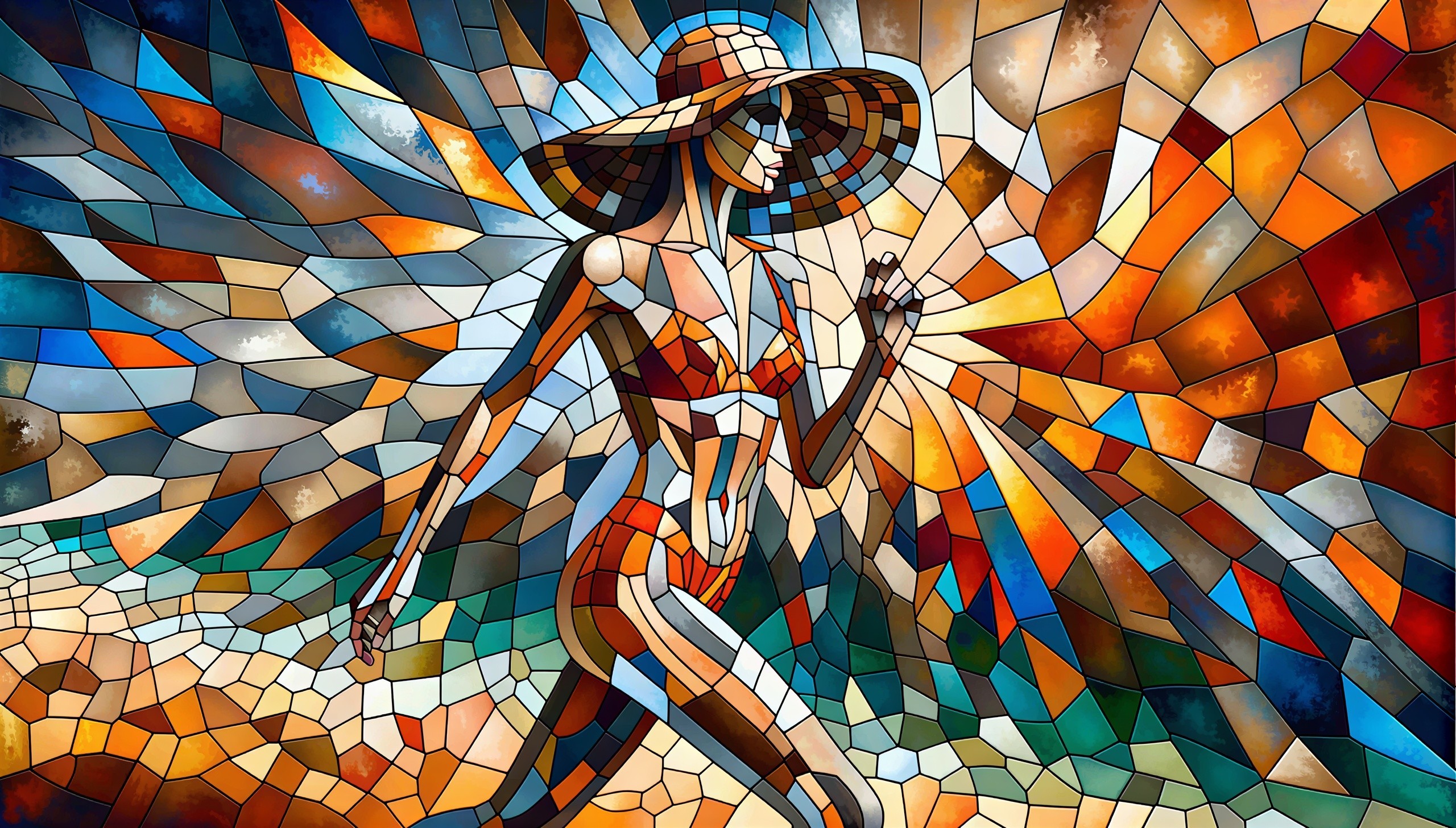 Vibrant Stained Glass Mosaic of a Confident Woman