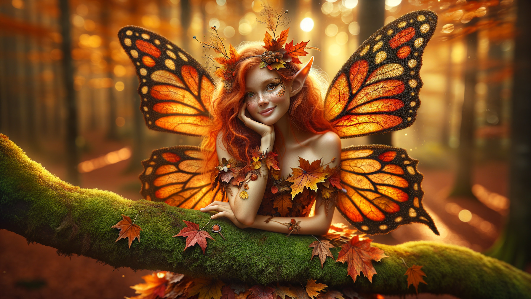 Fairy on Mossy Branch in Enchanted Autumn Forest