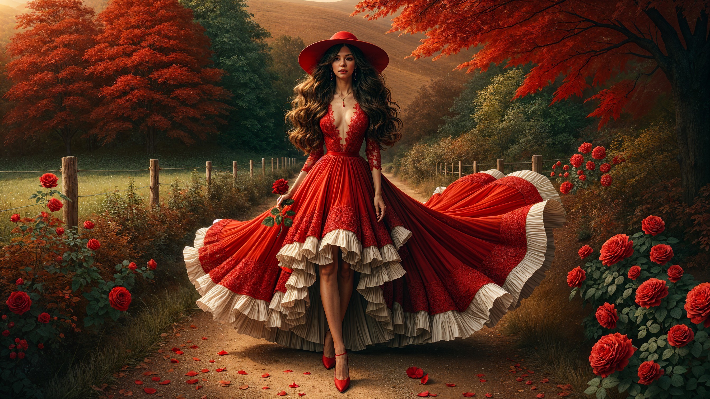 Elegant Woman in Red Dress on Serene Country Path