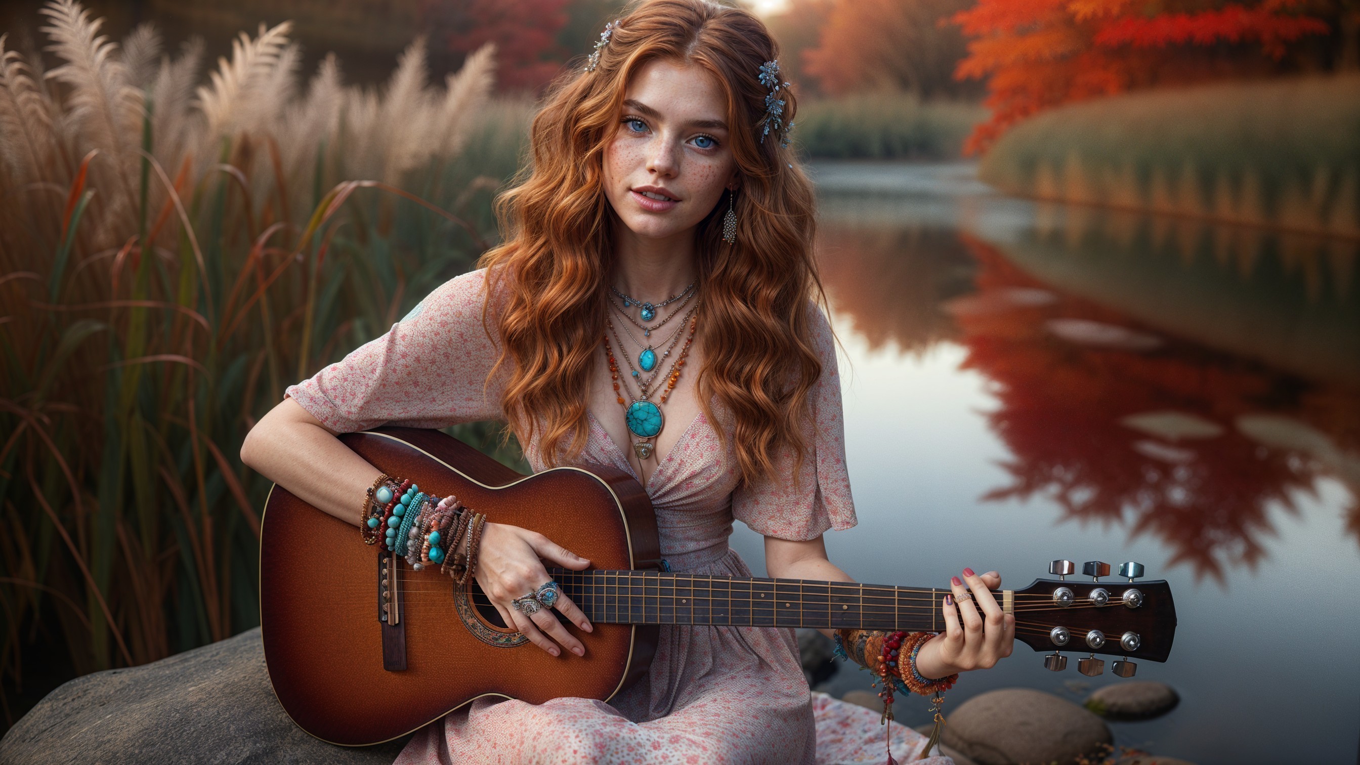 Young Woman Playing Guitar by Serene Waterway