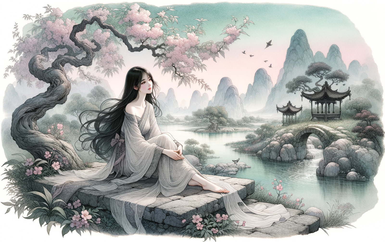 Contemplative Woman by Tranquil River at Dawn