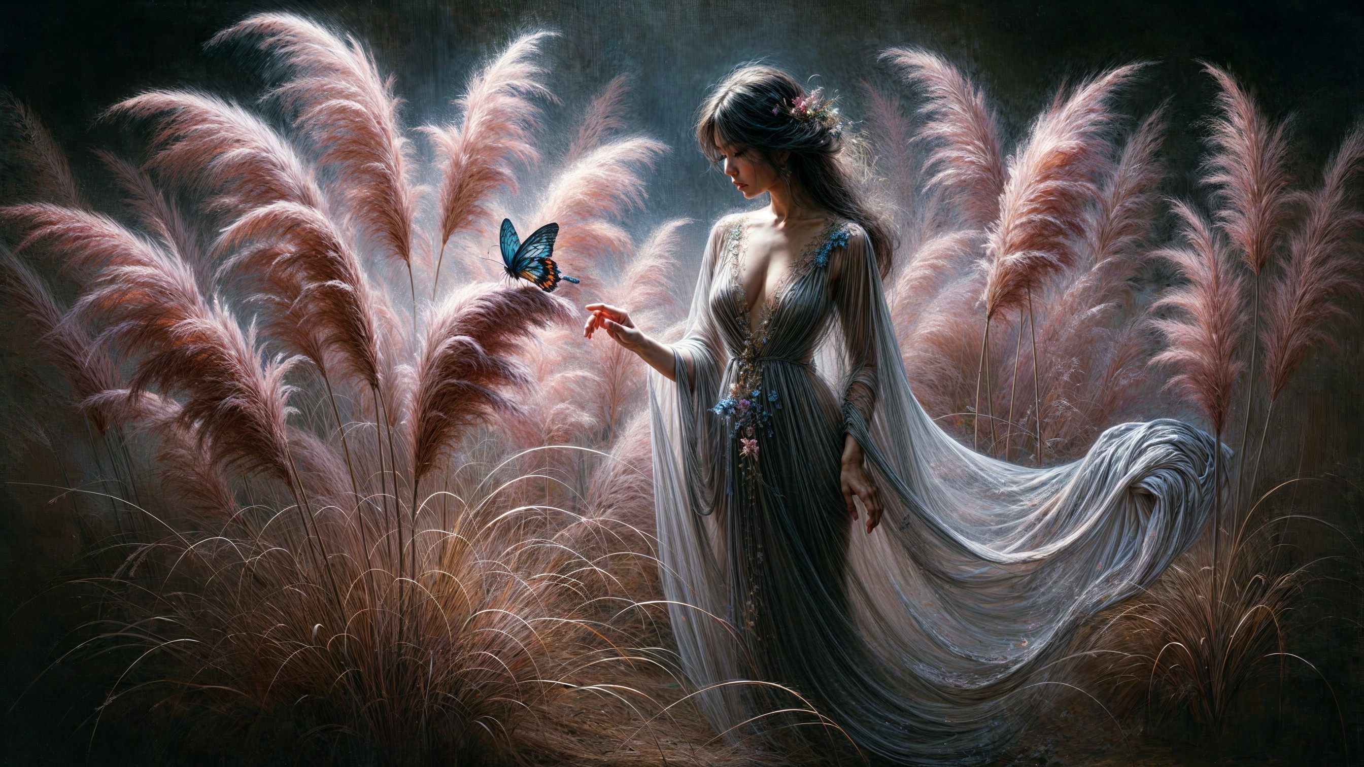 Serene Woman in Flowing Gown Among Feathery Grasses