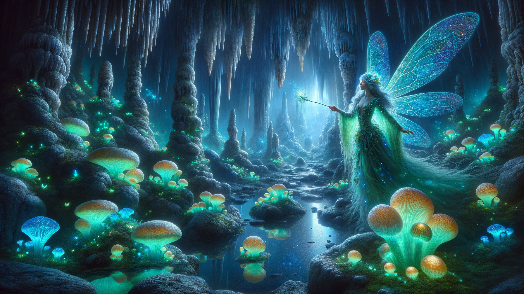 Ethereal Fairy in a Bioluminescent Cavern Scene