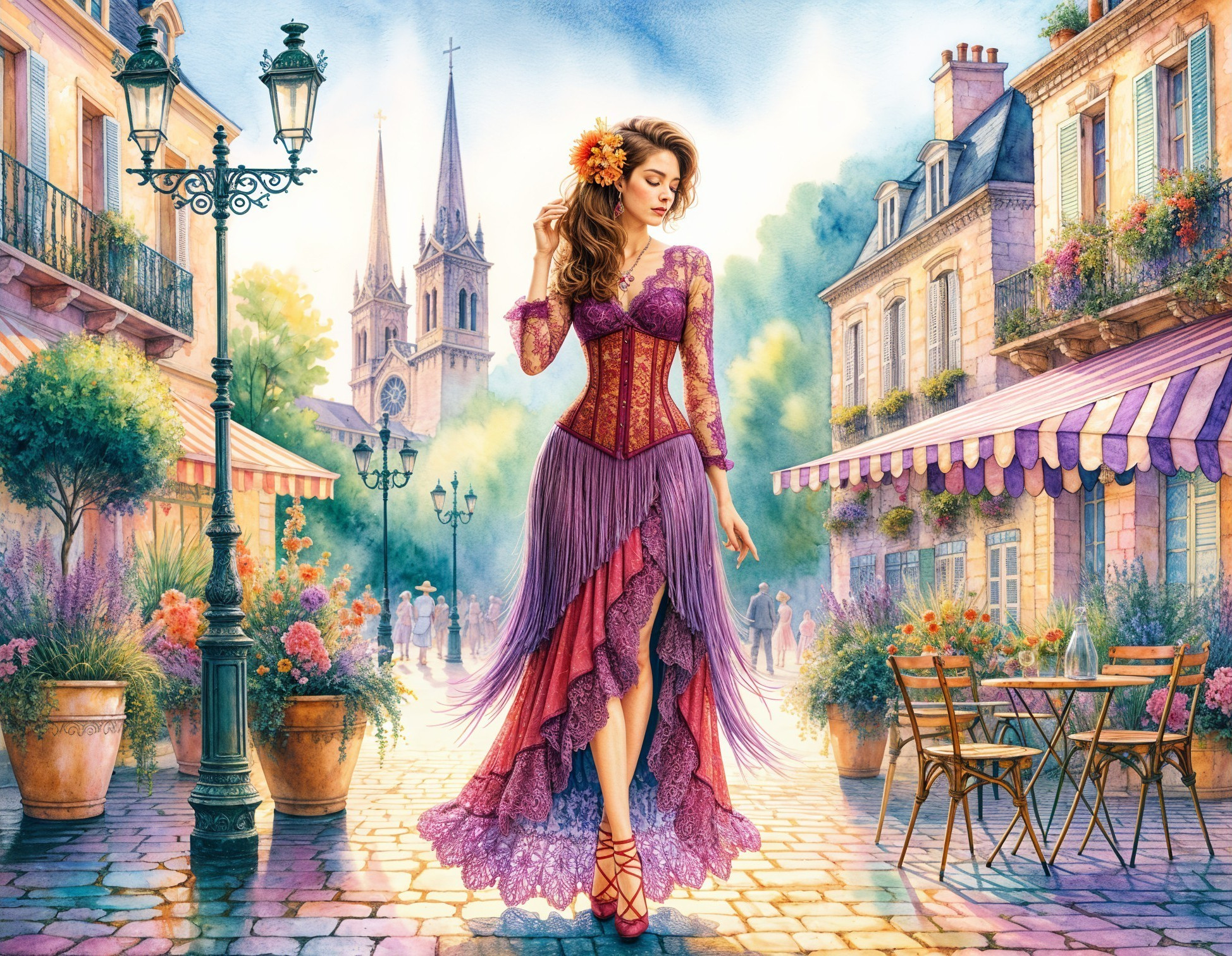 Elegant Woman in Purple Dress on European Street