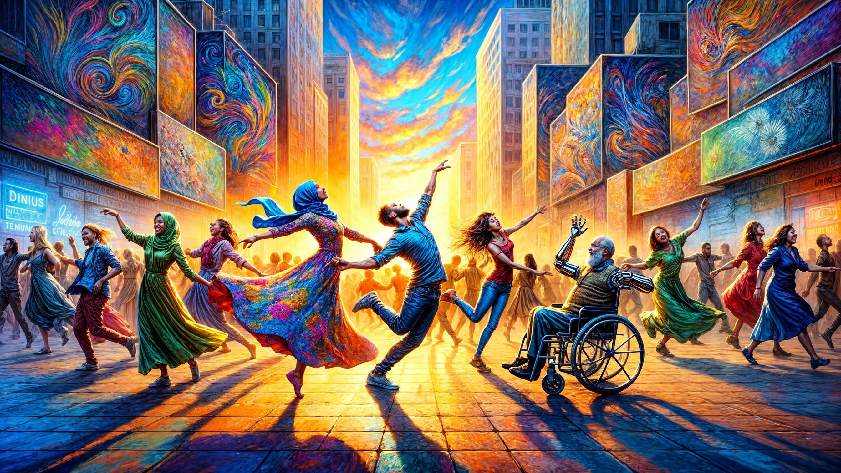 Vibrant Street Scene with Dancers at Sunset