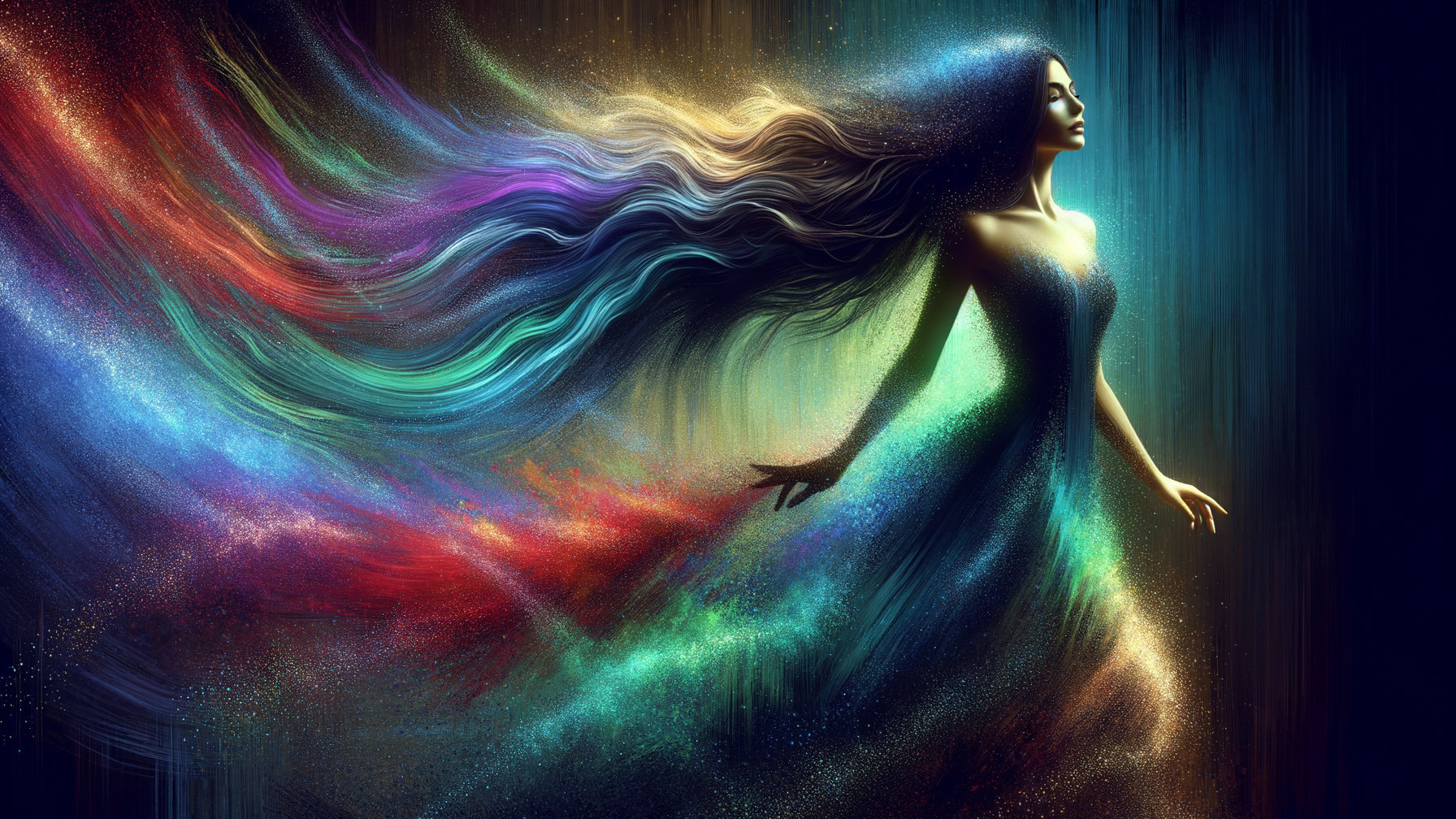 Graceful figure in flowing gown with vibrant colors
