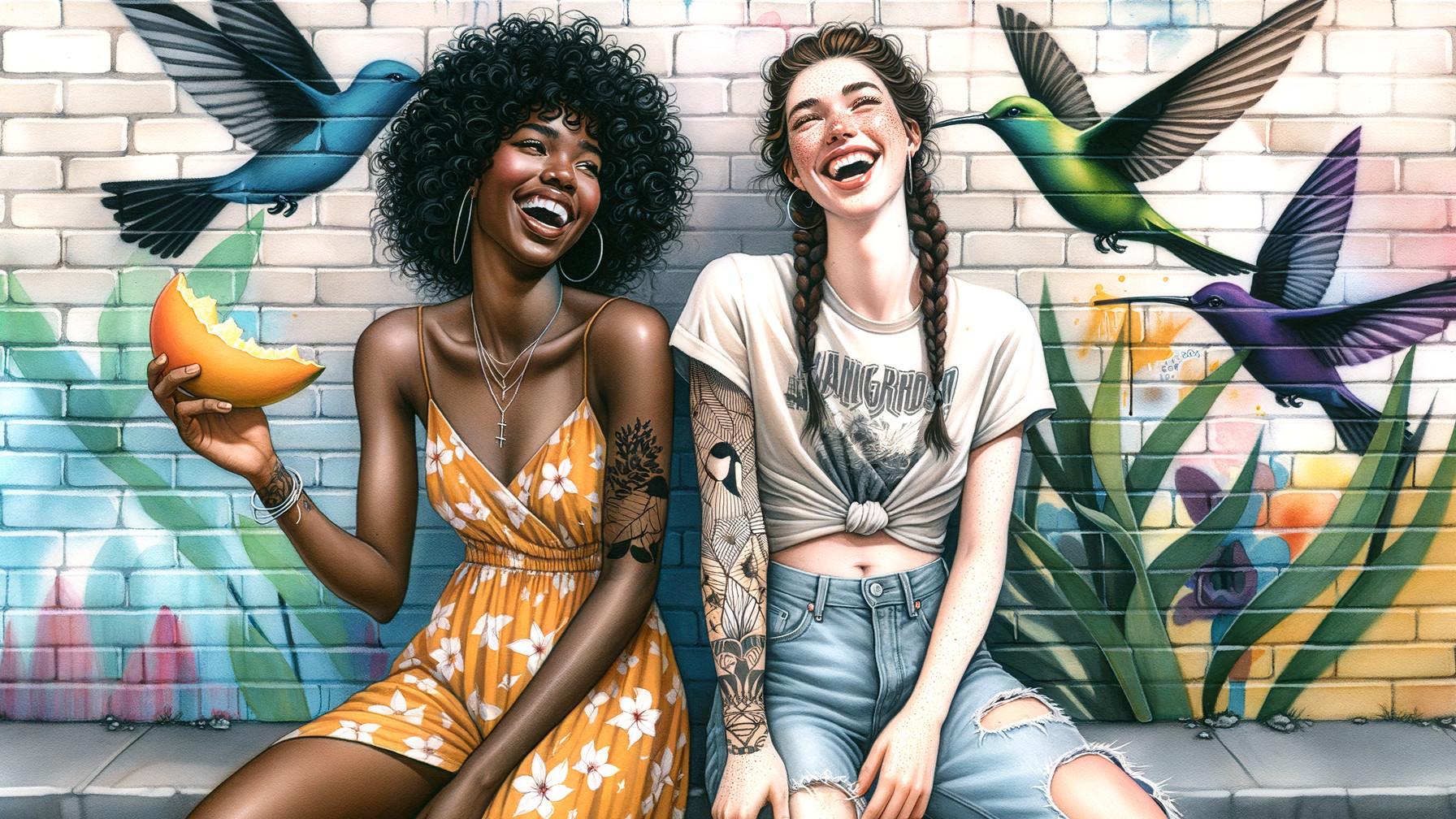 Women Enjoying Friendship by Colorful Mural