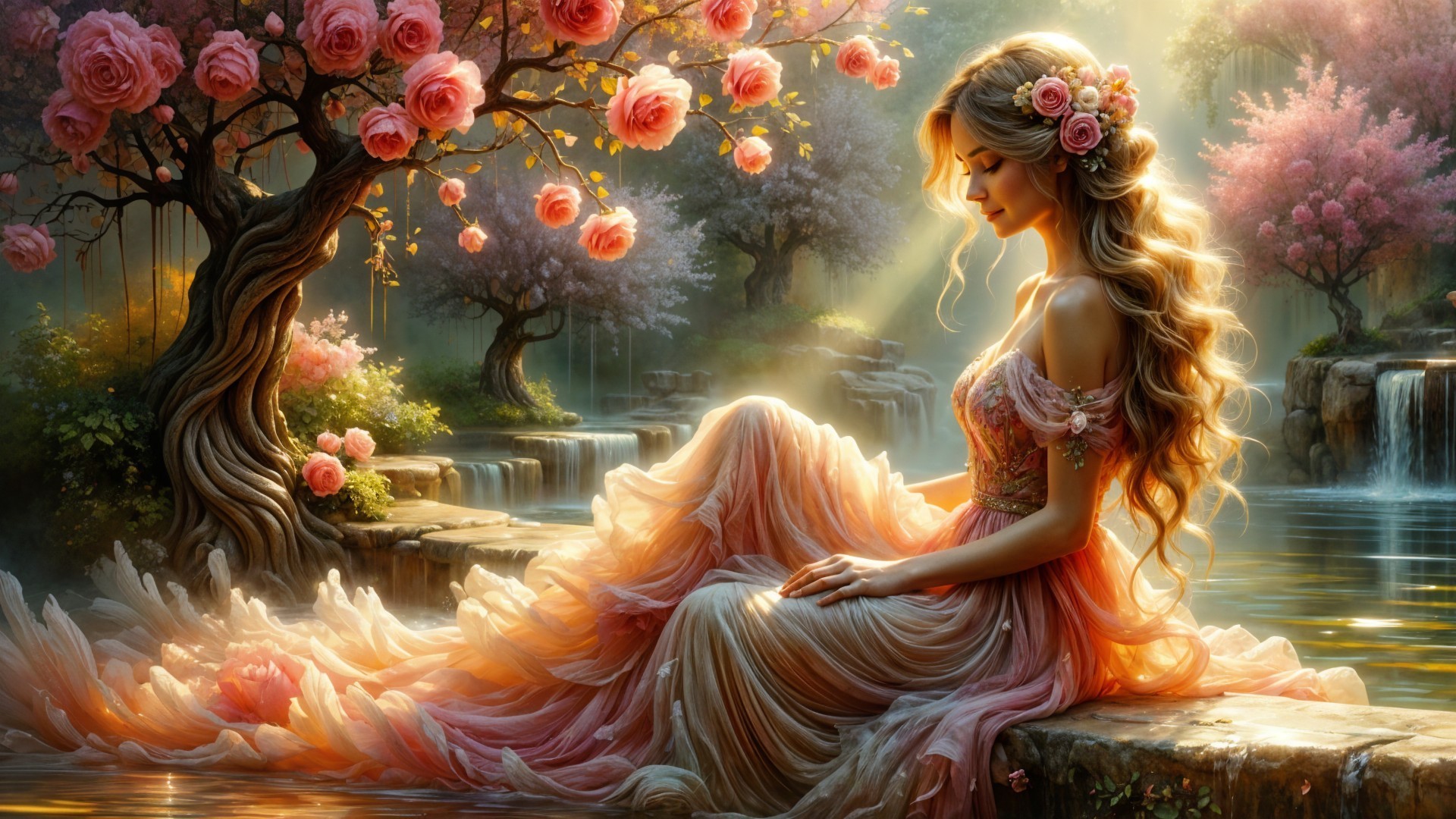 Graceful woman by tranquil water and cherry blossoms