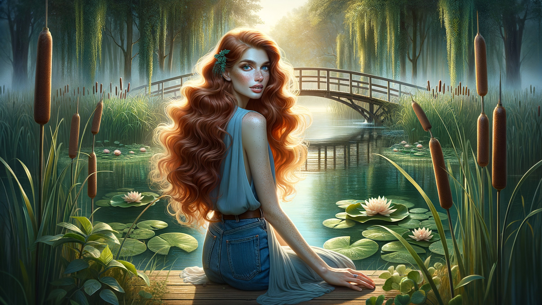 Serene Scene of Woman by Tranquil Water and Bridge