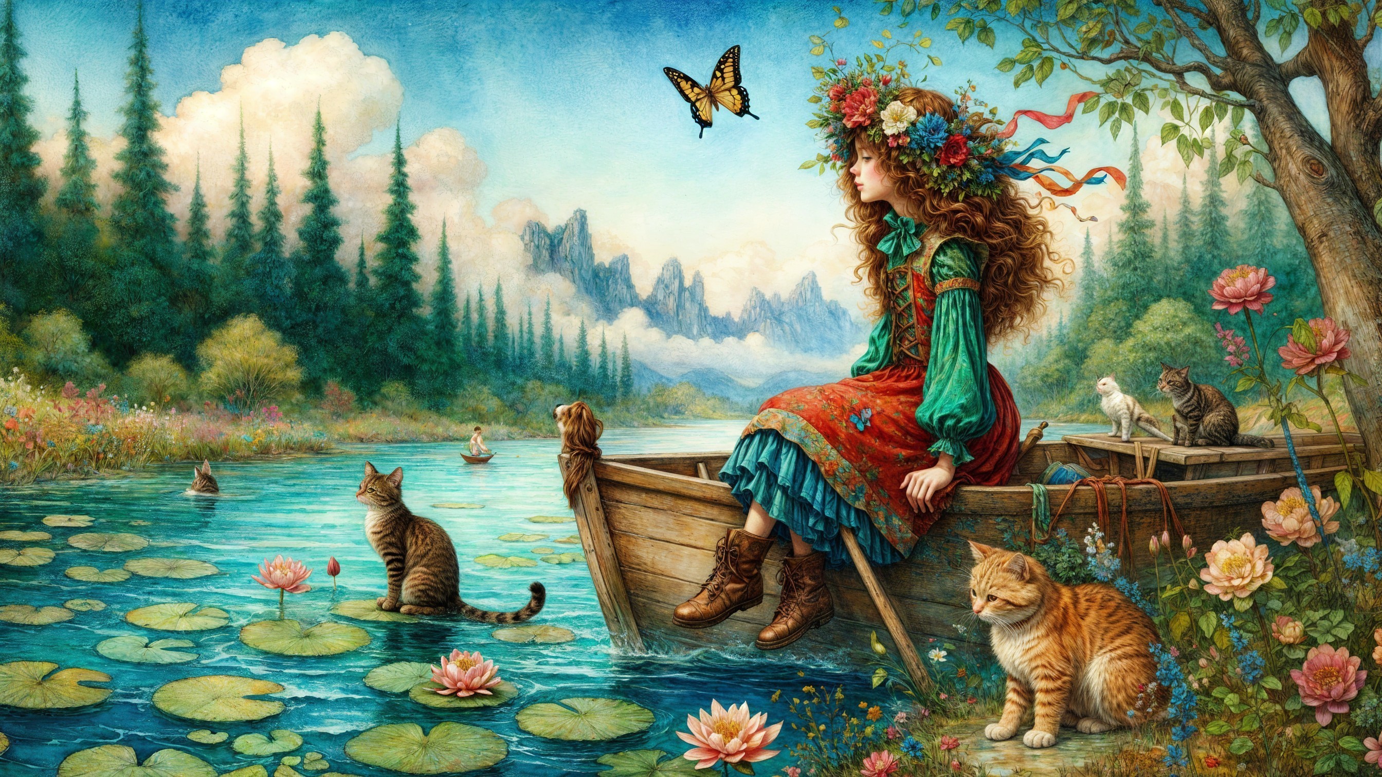 Young girl in floral crown on serene lake boat