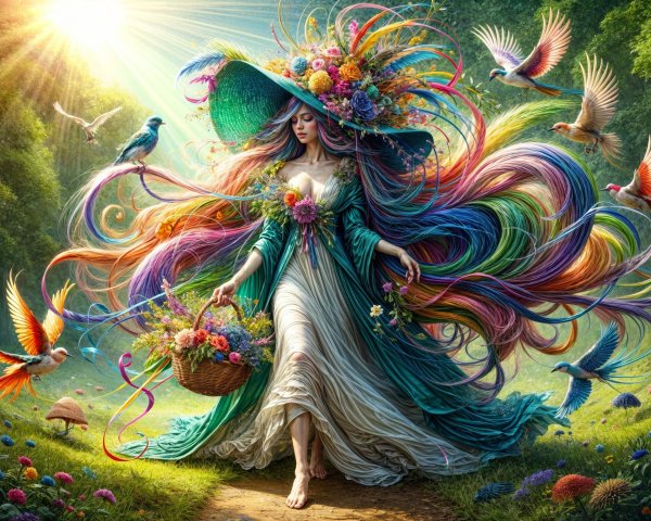 Ethereal Figure in Vibrant Forest with Colorful Flora