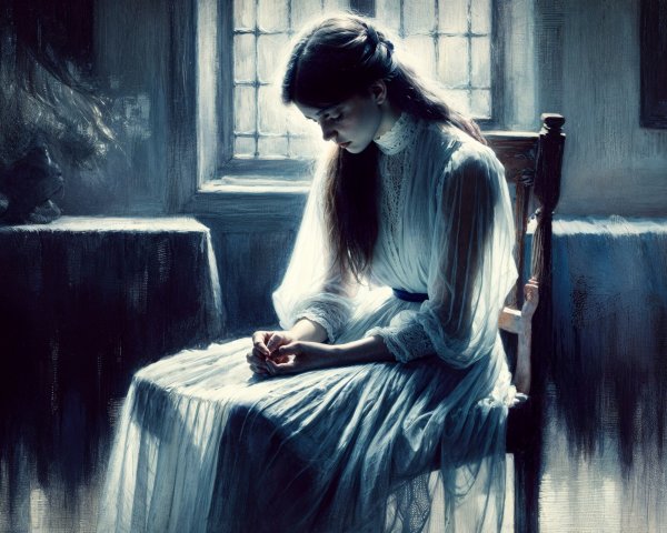Young Woman in White Dress in Dimly Lit Room