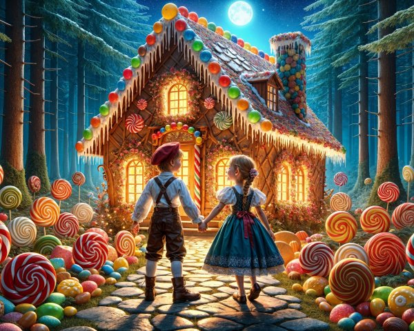 Whimsical Night Scene with Gingerbread House and Children