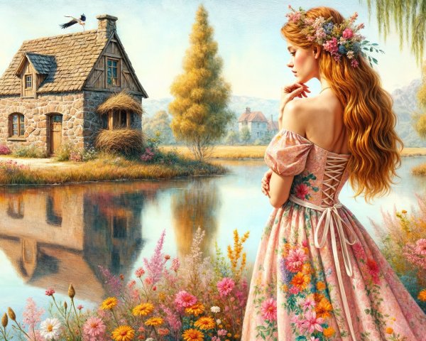 Serene Pond Scene with Floral Gown and Cottage