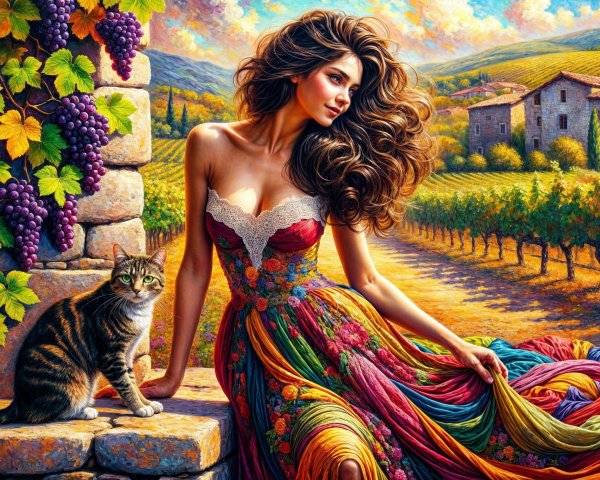 Vibrant Vineyard Scene with Woman and Calico Cat