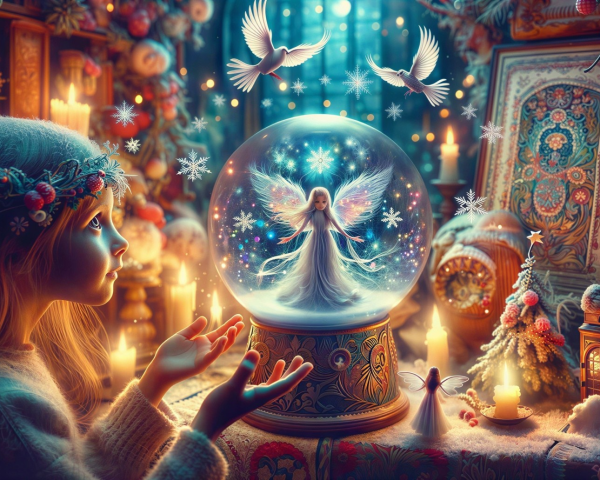 Whimsical Winter Scene with Girl and Snow Globe