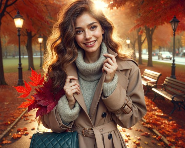Young woman in autumn park with colorful foliage