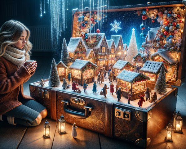 Whimsical Winter Village Scene with a Young Girl