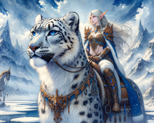 Elf on White Tiger in Icy Landscape with Mountains