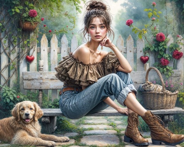 Young Woman in Garden with Pets and Heart Decorations