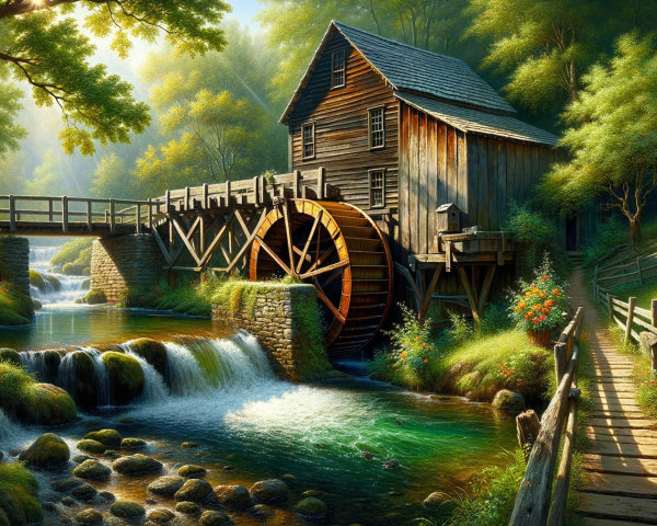 Wooden watermill by a serene stream with greenery