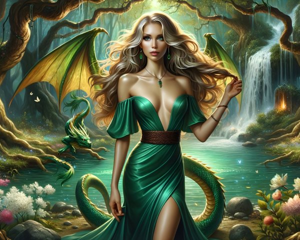 Enchanting Woman in Mystical Forest Scene