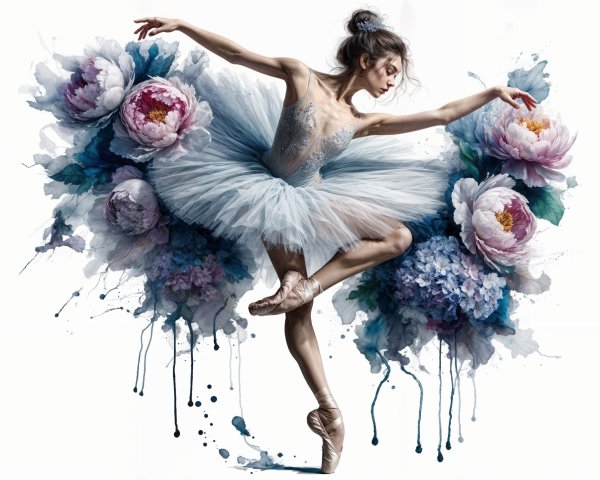 Ballet Dancer in Tutu Surrounded by Watercolor Flowers
