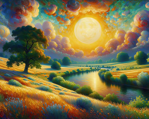 Impressionistic Painting of Sunset Over Rolling Landscape