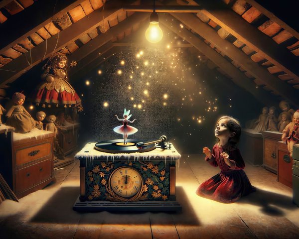 Fantastical Painting of Girl in Attic with Phonograph