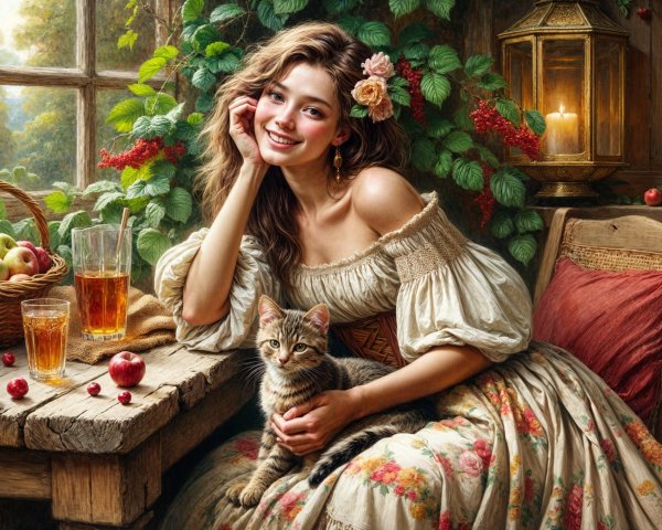 Cozy Scene of Woman with Cat in Rustic Room