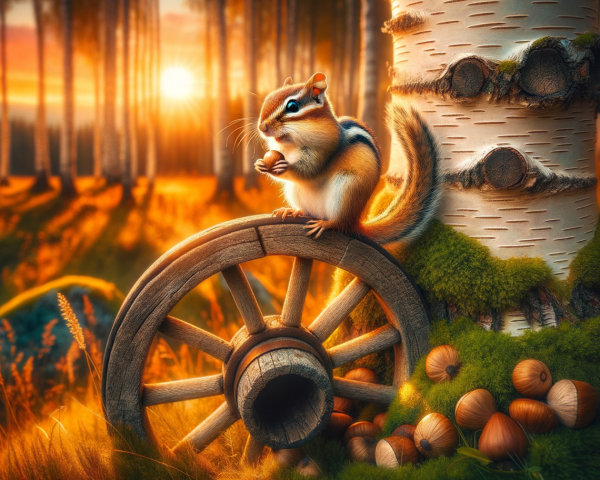 Chipmunk on Wooden Wheel in Tranquil Forest Scene