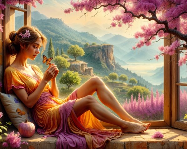 Young woman by window with butterfly and landscape view