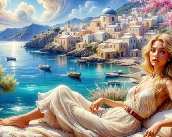Serene Coastal Scene with Woman and Colorful Villas