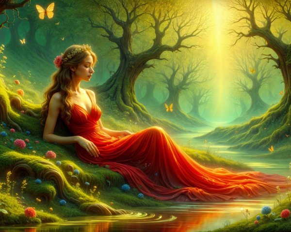 Woman in Red Dress by Tranquil Stream in Nature