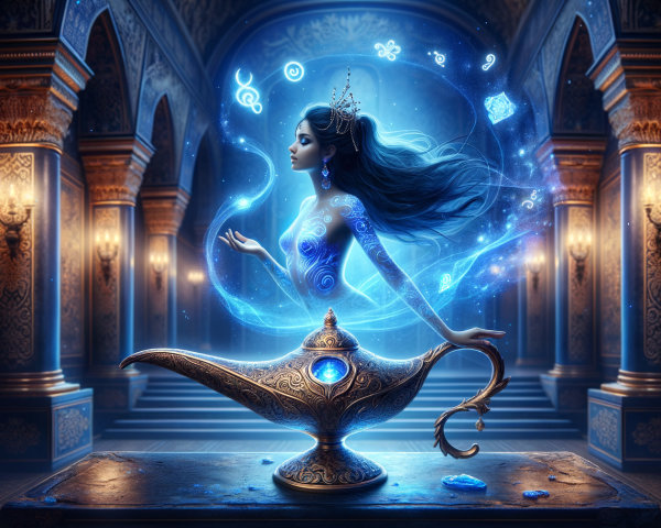 Ornate Room with Mystical Figure and Aladdin's Lamp