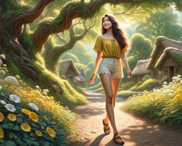 Young Woman Walking in a Sunlit Forest Path