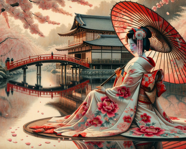 Traditional Japanese Woman by Tranquil Pond and Blossoms