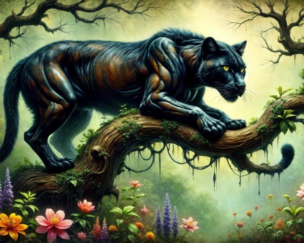 Hyperrealistic Oil Painting of a Black Panther in Jungle