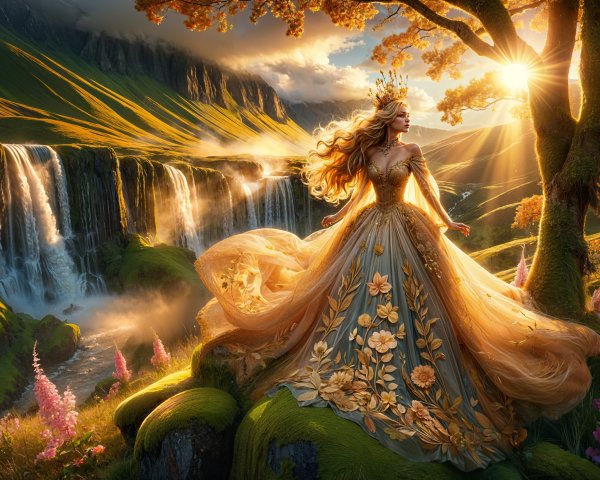 Blonde Princess in Blue Gown on Mossy Hill with Waterfall