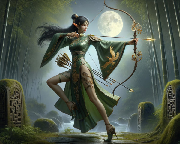 Elven Archer in Bamboo Forest Under Full Moon