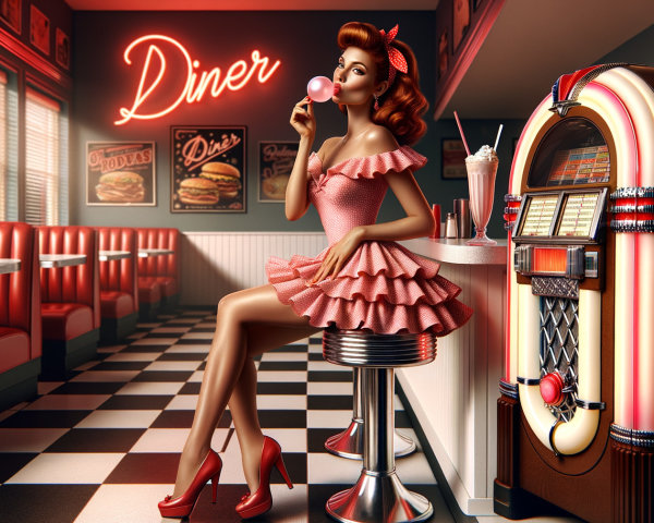 Retro Diner Scene with Glamorous Woman in Pink Dress
