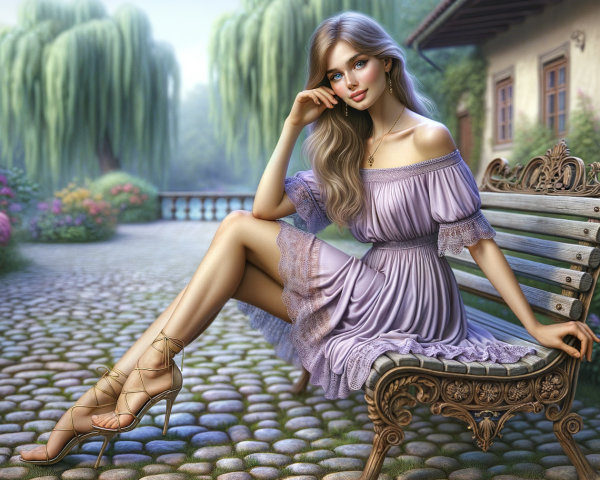 Young woman in lavender dress on garden bench