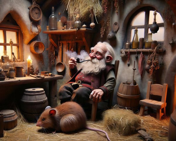 Dwarf in Rustic Room with Rat and Wooden Furniture