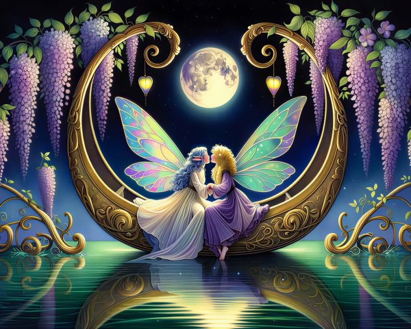 Fairies on Golden Crescent Moon with Wisteria Flowers