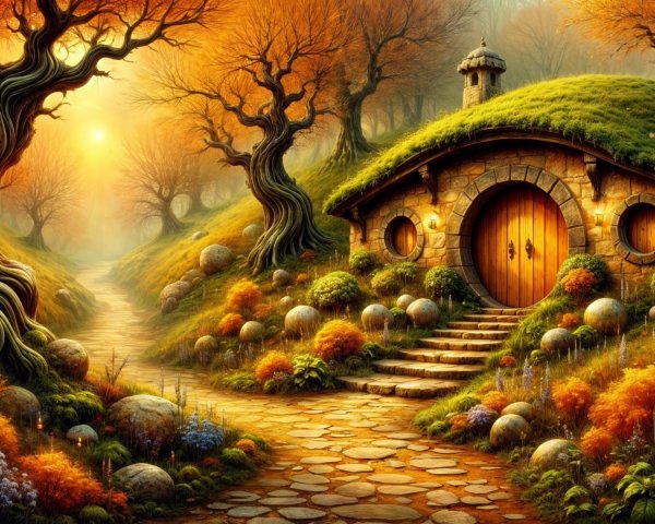 Whimsical Forest Cottage at Sunset with Autumn Colors