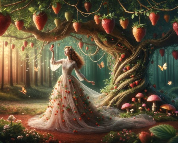 Woman in Gown by Tree with Strawberries and Butterflies